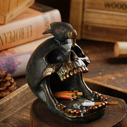 Creative Black Skull Crow Resin Statue Ashtray Desk Storage Key Holder Home Office Decor Toy Birthday Gift Halloween Decoration
