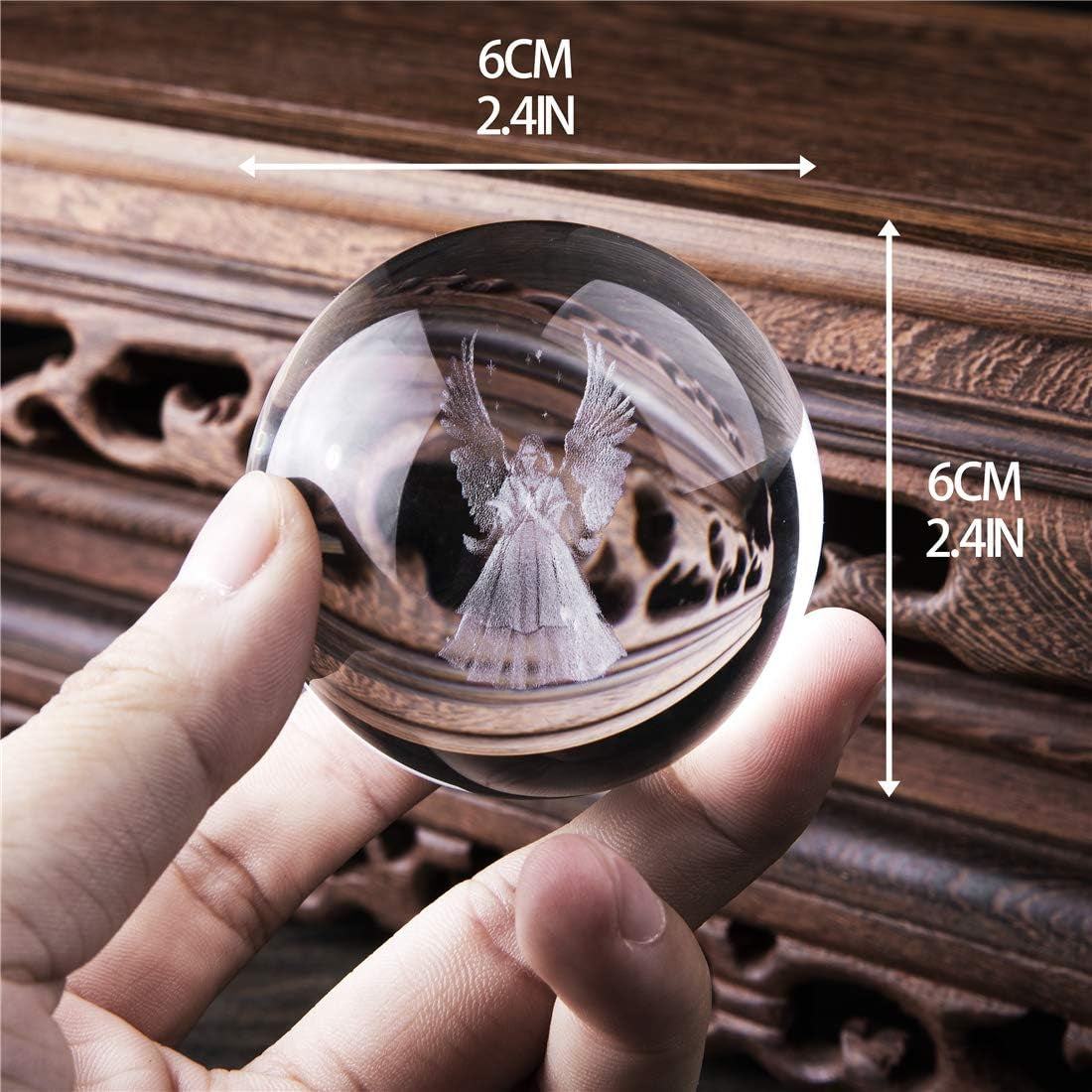 3D Angel Figurines Crystal Ball 60Mm Laser Engraved Paperweight Glass Guardian Angel Full Sphere Home Art Decor Gift Crafts(Clear)