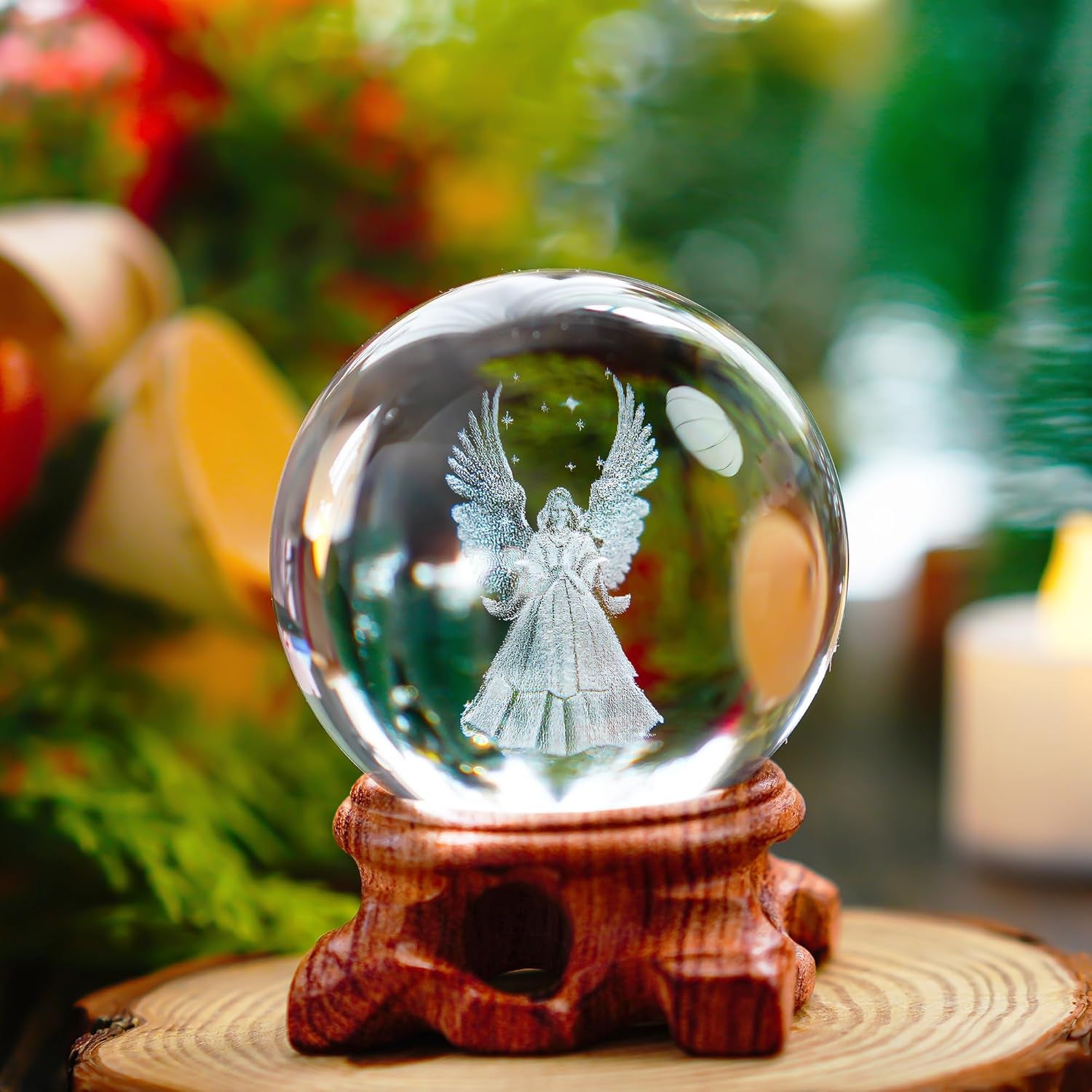 3D Angel Figurines Crystal Ball 60Mm Laser Engraved Paperweight Glass Guardian Angel Full Sphere Home Art Decor Gift Crafts(Clear)