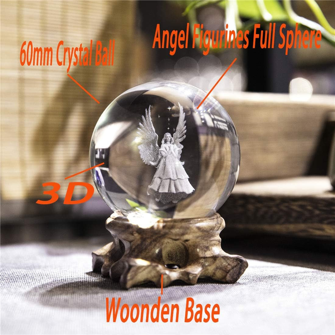 3D Angel Figurines Crystal Ball 60Mm Laser Engraved Paperweight Glass Guardian Angel Full Sphere Home Art Decor Gift Crafts(Clear)