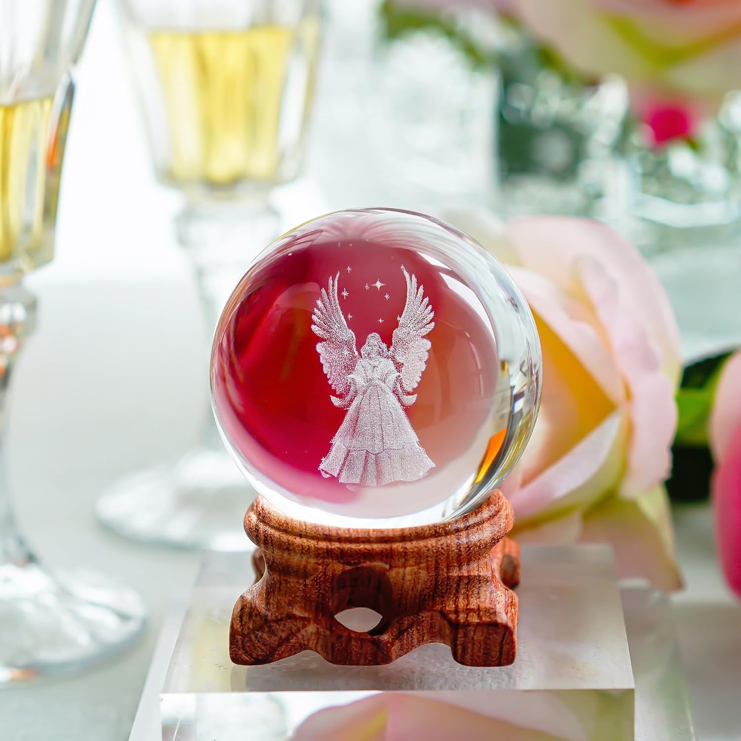 3D Angel Figurines Crystal Ball 60Mm Laser Engraved Paperweight Glass Guardian Angel Full Sphere Home Art Decor Gift Crafts(Clear)