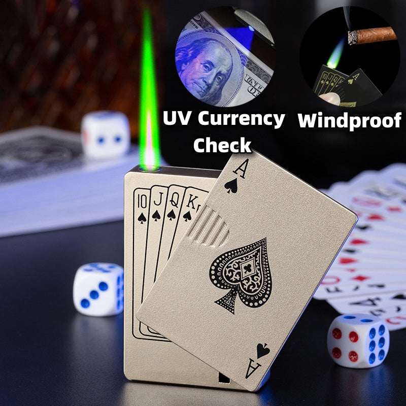 Creative Playing Card Lighter Jet Torch Green Flame Poker Lighter Metal Windproof Playing Card Lighter Funny Toy Smoking Accessories