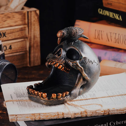 Creative Black Skull Crow Resin Statue Ashtray Desk Storage Key Holder Home Office Decor Toy Birthday Gift Halloween Decoration