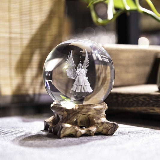 3D Angel Figurines Crystal Ball 60Mm Laser Engraved Paperweight Glass Guardian Angel Full Sphere Home Art Decor Gift Crafts(Clear)