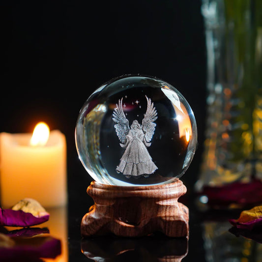 3D Angel Figurines Crystal Ball 60Mm Laser Engraved Paperweight Glass Guardian Angel Full Sphere Home Art Decor Gift Crafts(Clear)